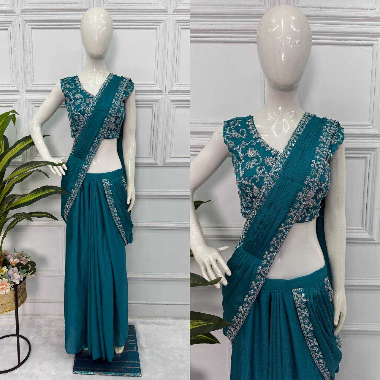 Blue EMBROIDERED LACE BORDER, READY TO WEAR WITH INNER & SHORT PALLU PATTERN - Image 6