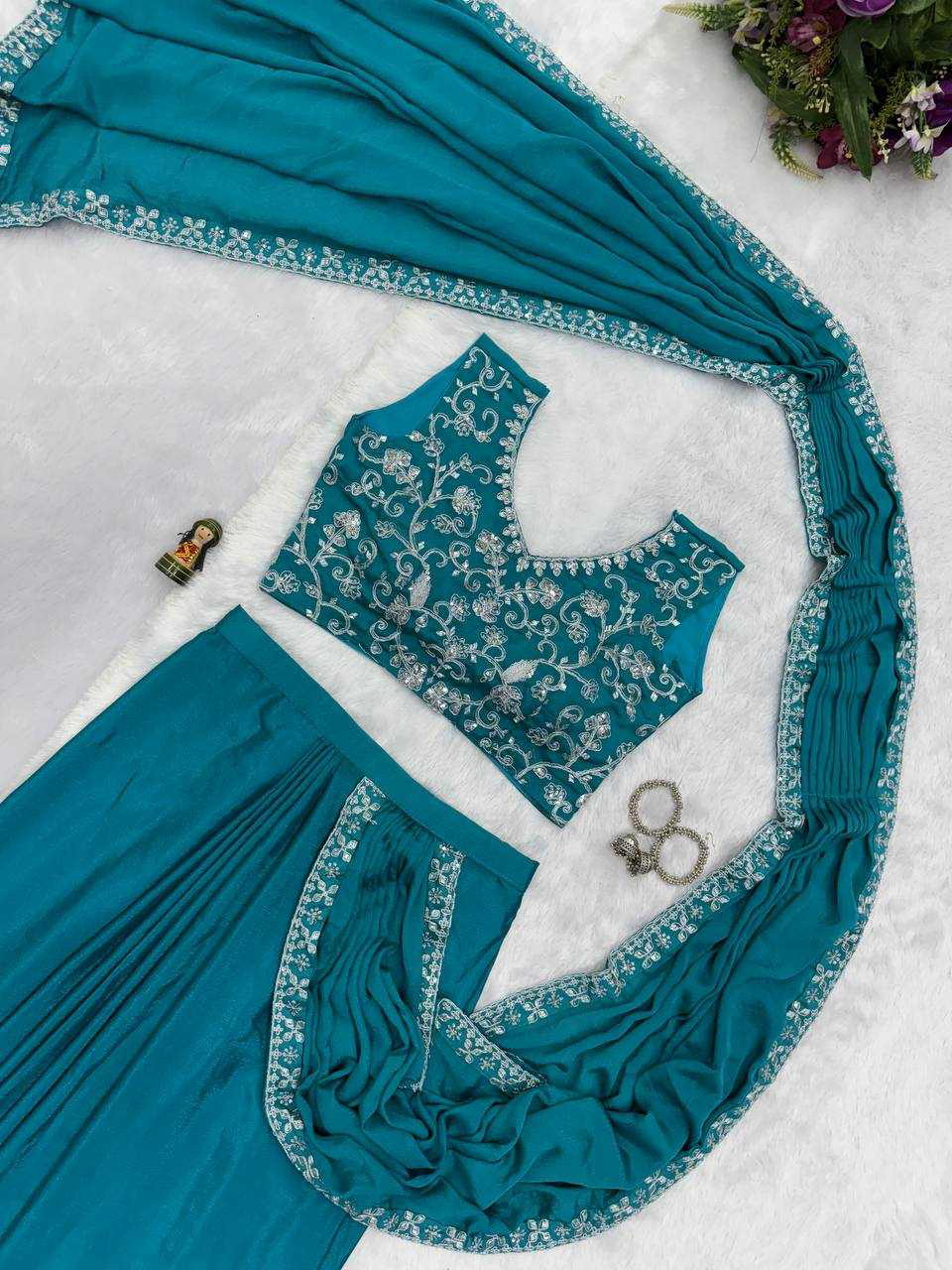 Blue EMBROIDERED LACE BORDER, READY TO WEAR WITH INNER & SHORT PALLU PATTERN - Image 3