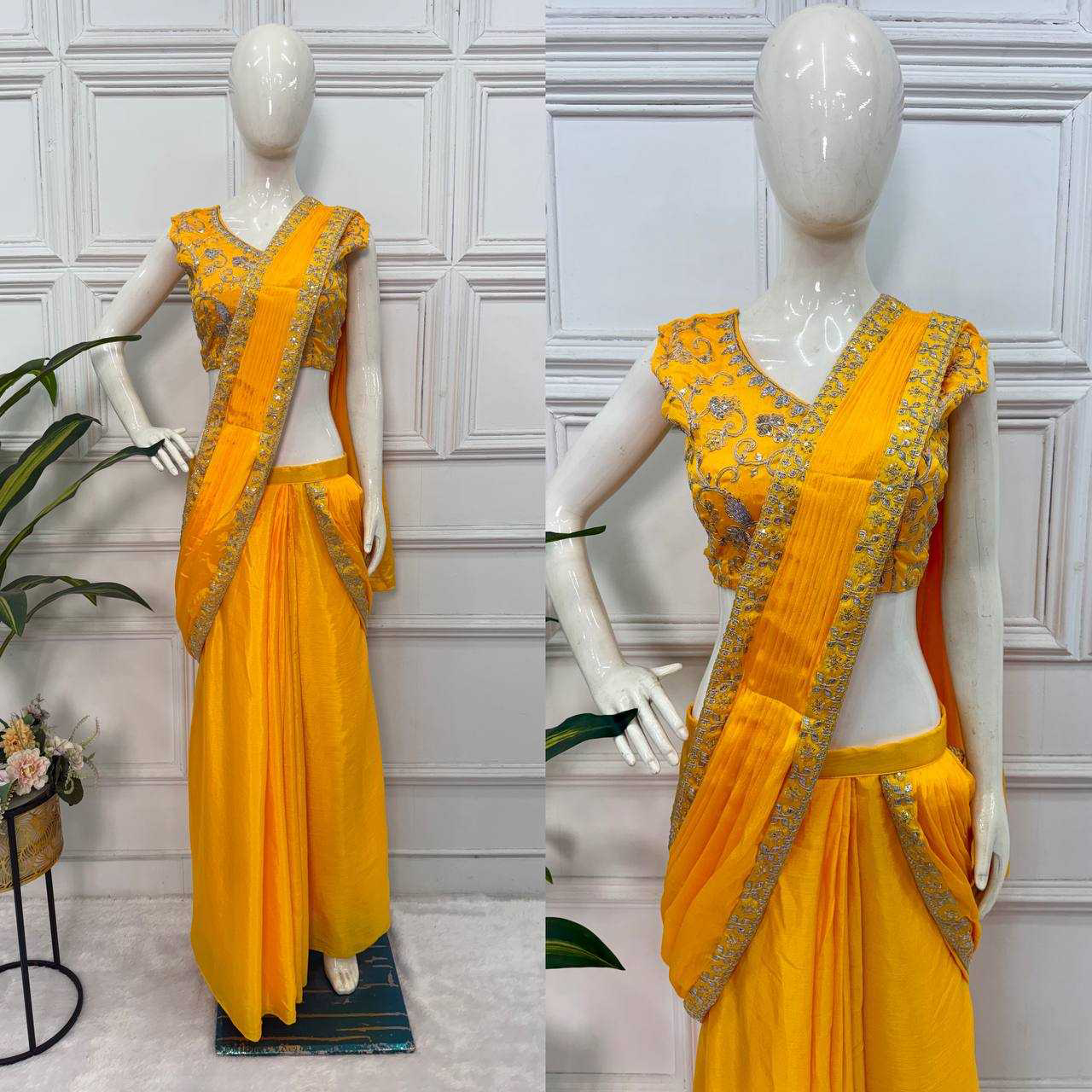 EMBROIDERED LACE BORDER, READY TO WEAR WITH INNER & SHORT PALLU PATTERN - Image 5