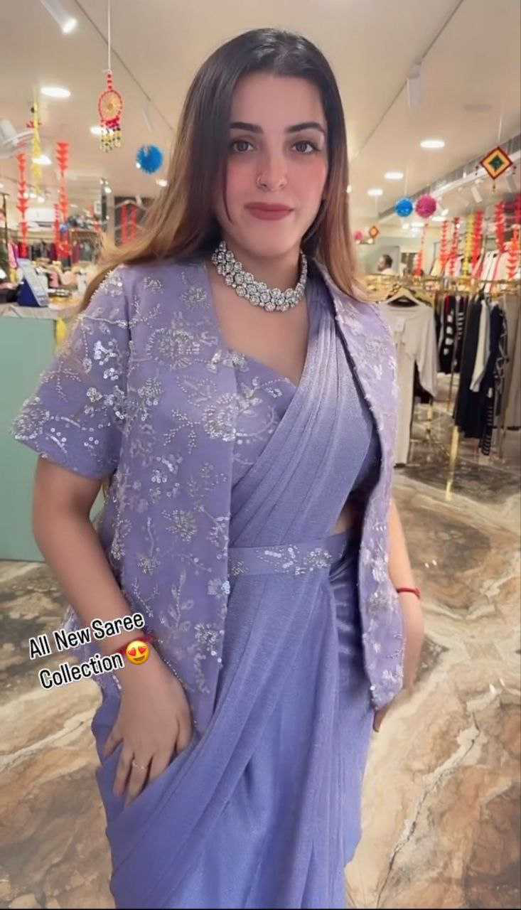 New Beige Heavy Satin Saree with Embroidered Jacket & Belt