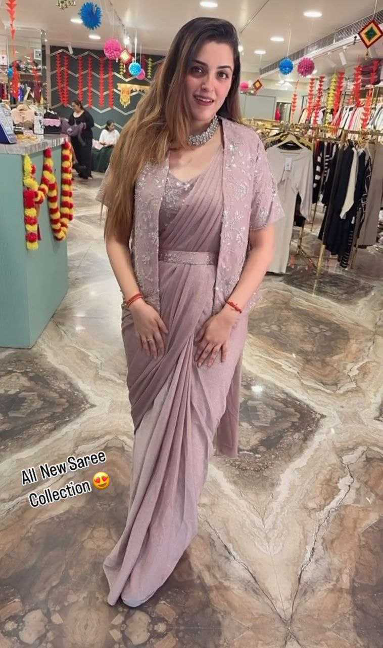 New Beige Heavy Satin Saree with Embroidered Jacket & Belt - Image 2