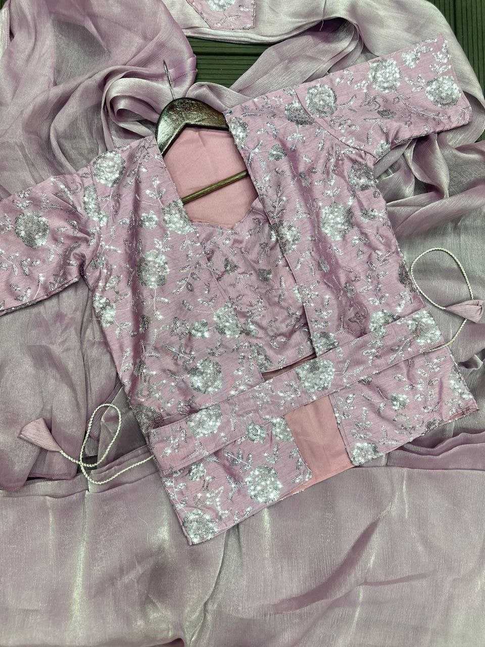 New Beige Heavy Satin Saree with Embroidered Jacket & Belt - Image 3