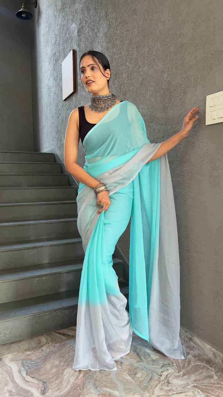 Gorgeous Light sky Blue Georgette Padding Print Ready to Wear Sarees With Unstitched Blouse