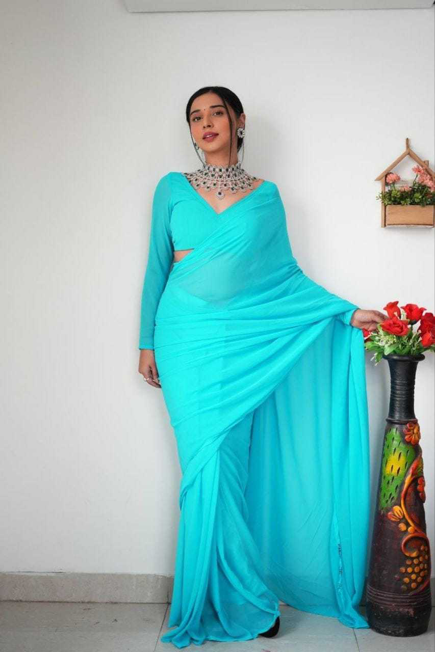 Pretty Sky Blue Color Soft Georgette Silk Design All Over Work Saree - Image 2