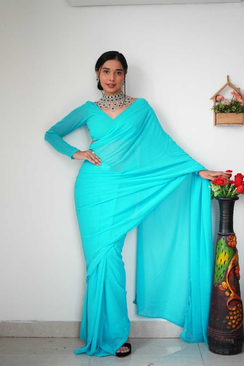 Pretty Sky Blue Color Soft Georgette Silk Design All Over Work Saree - Image 3
