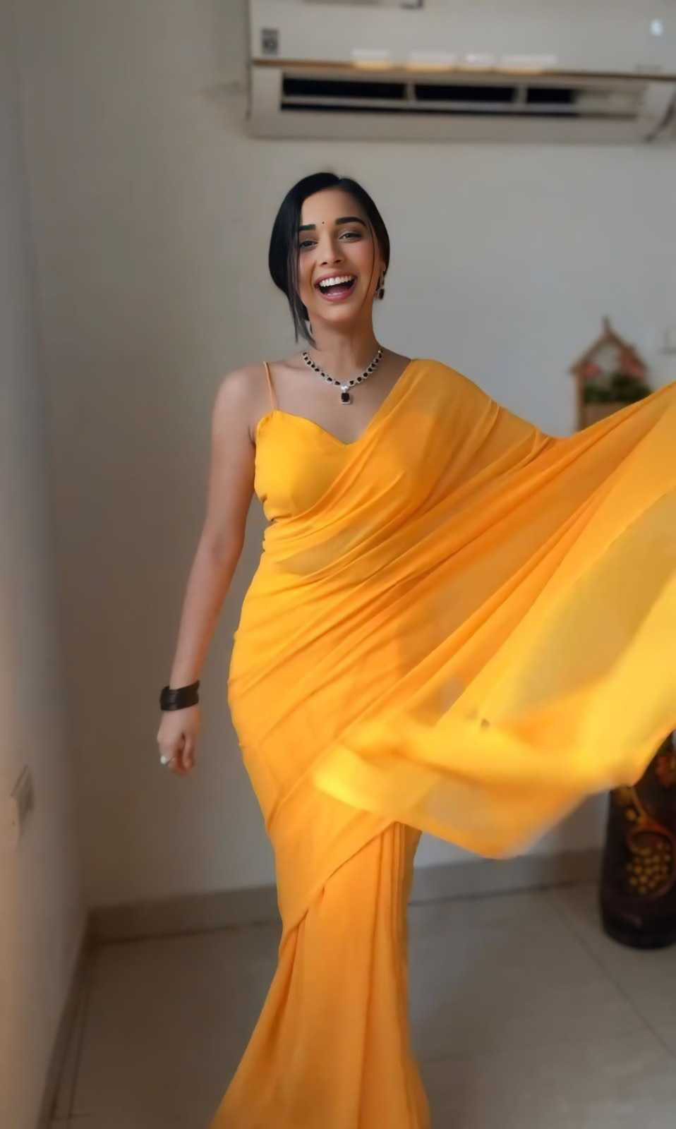 Pretty Yellow Color Soft Georgette Silk Design All Over Work Saree - Image 3