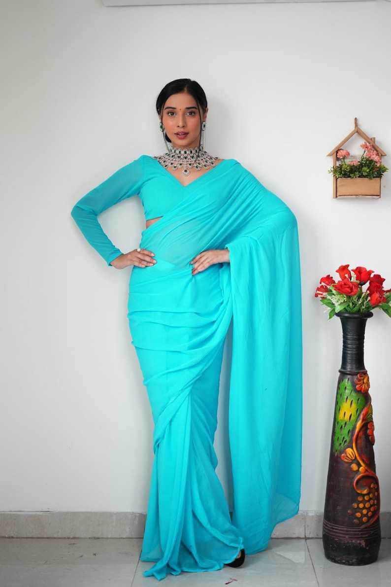 Pretty Sky Blue Color Soft Georgette Silk Design All Over Work Saree