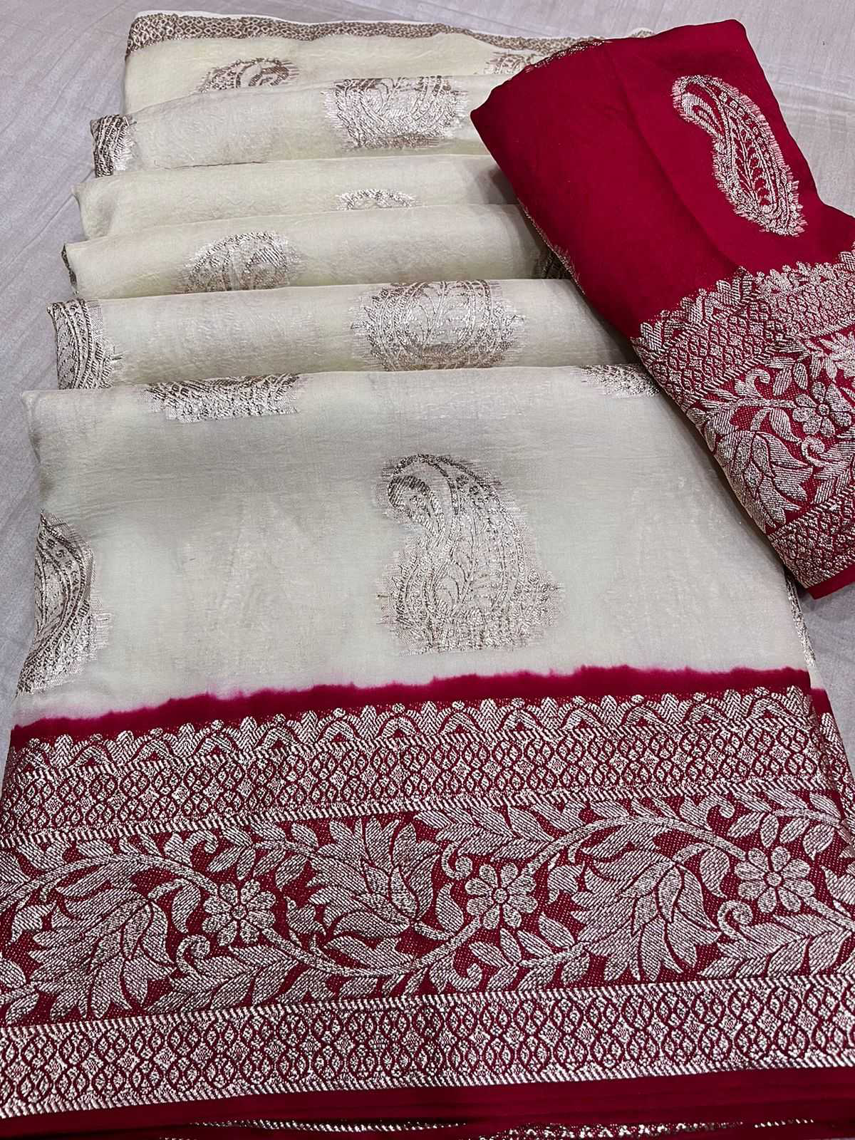 Pure viscose dola jacquard border saree with ready made red color blouse