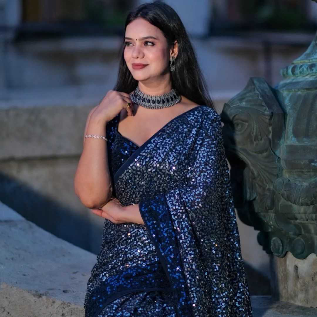 Navy Blue Beautiful Dual color 5 MM sequins embroidery work Saree - Image 4