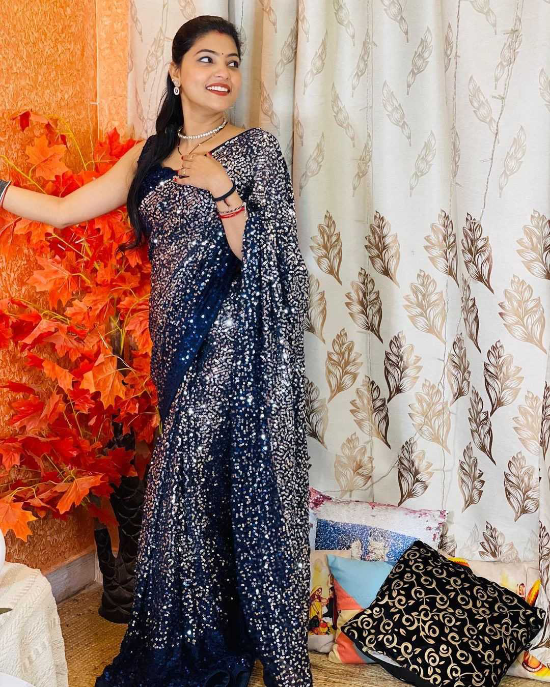 Navy Blue Beautiful Dual color 5 MM sequins embroidery work Saree - Image 13