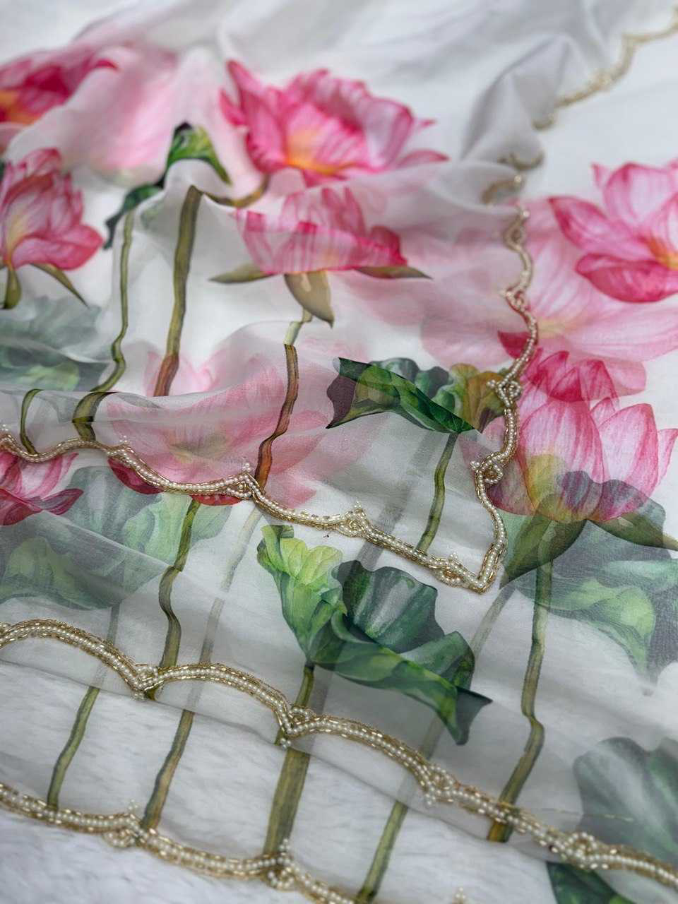 Organza Silk Reception Saree
in White and Off White with Printed work - Image 6