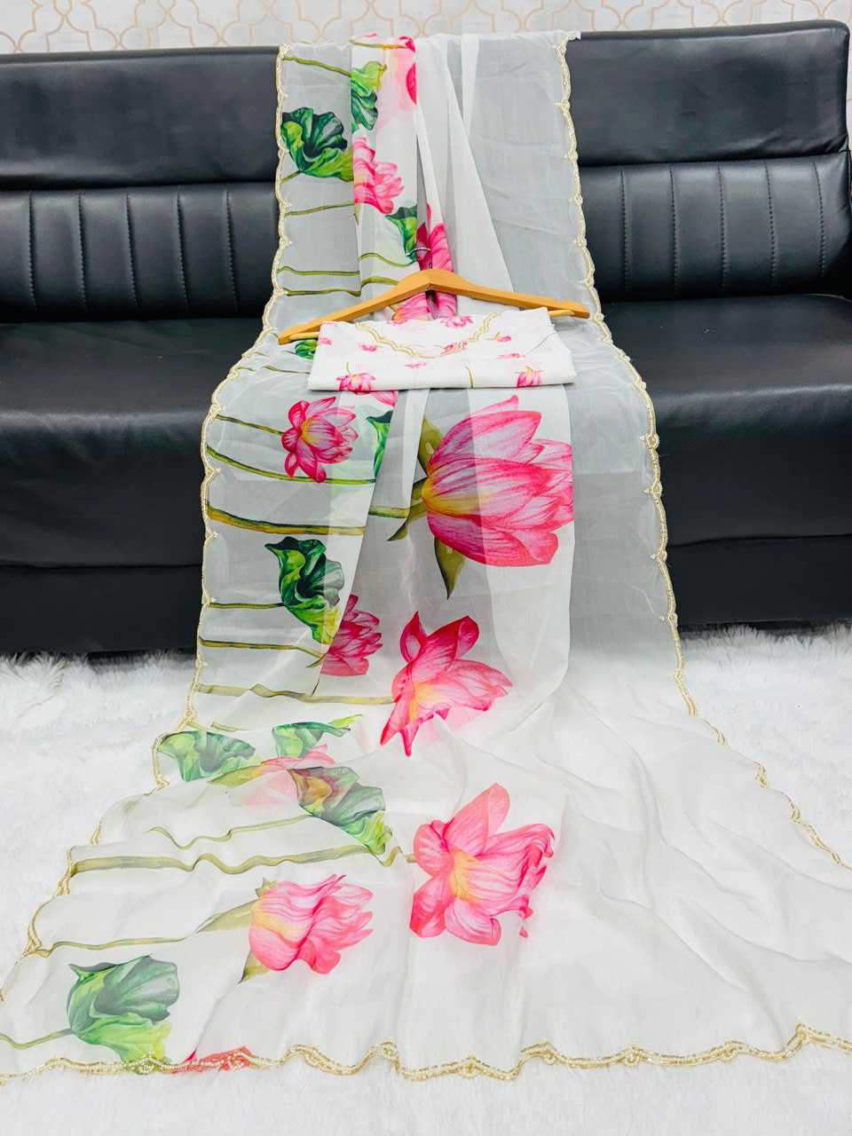 Organza Silk Reception Saree
in White and Off White with Printed work - Image 8