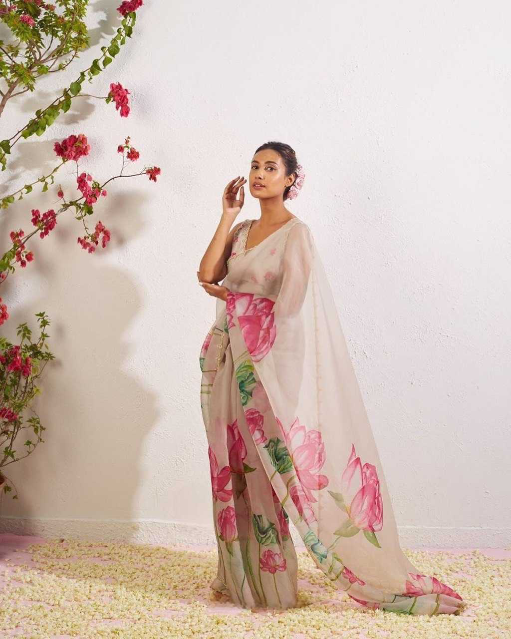 Organza Silk Reception Saree
in White and Off White with Printed work