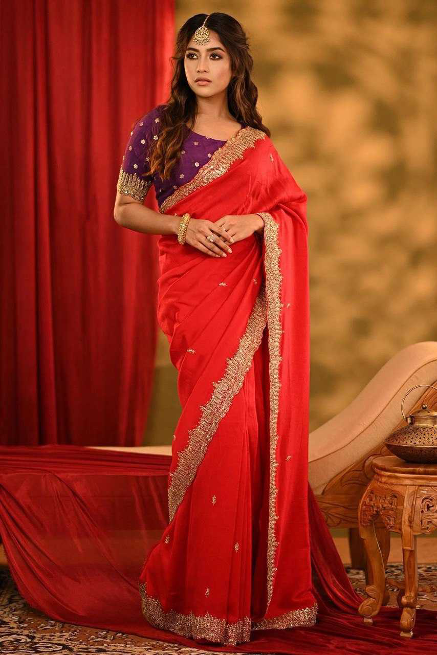 Scarlet Red Sequins Embroidered Silk Saree