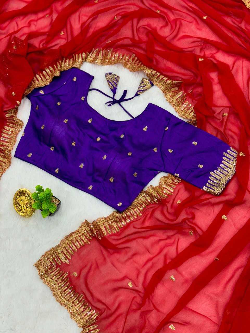 Scarlet Red Sequins Embroidered Silk Saree - Image 7