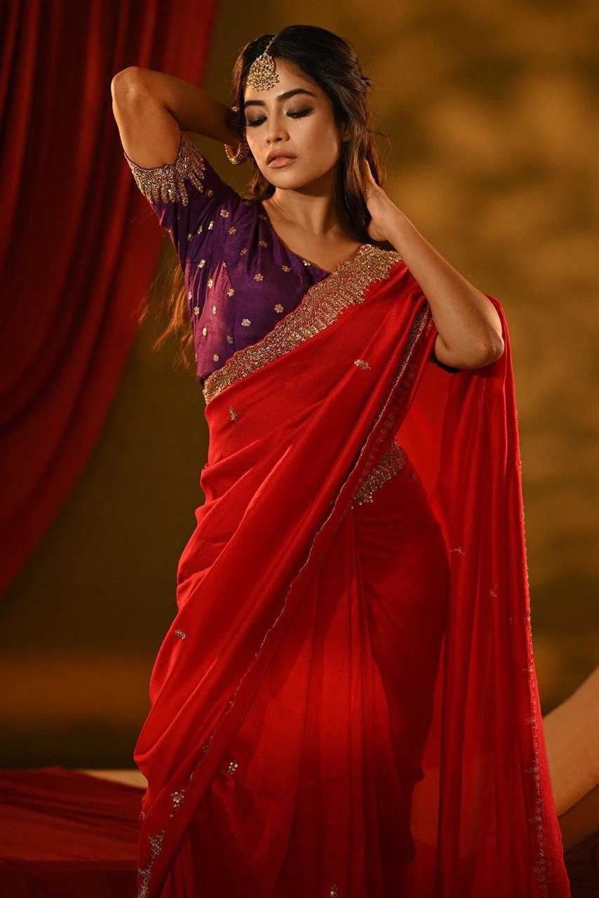 Scarlet Red Sequins Embroidered Silk Saree - Image 2