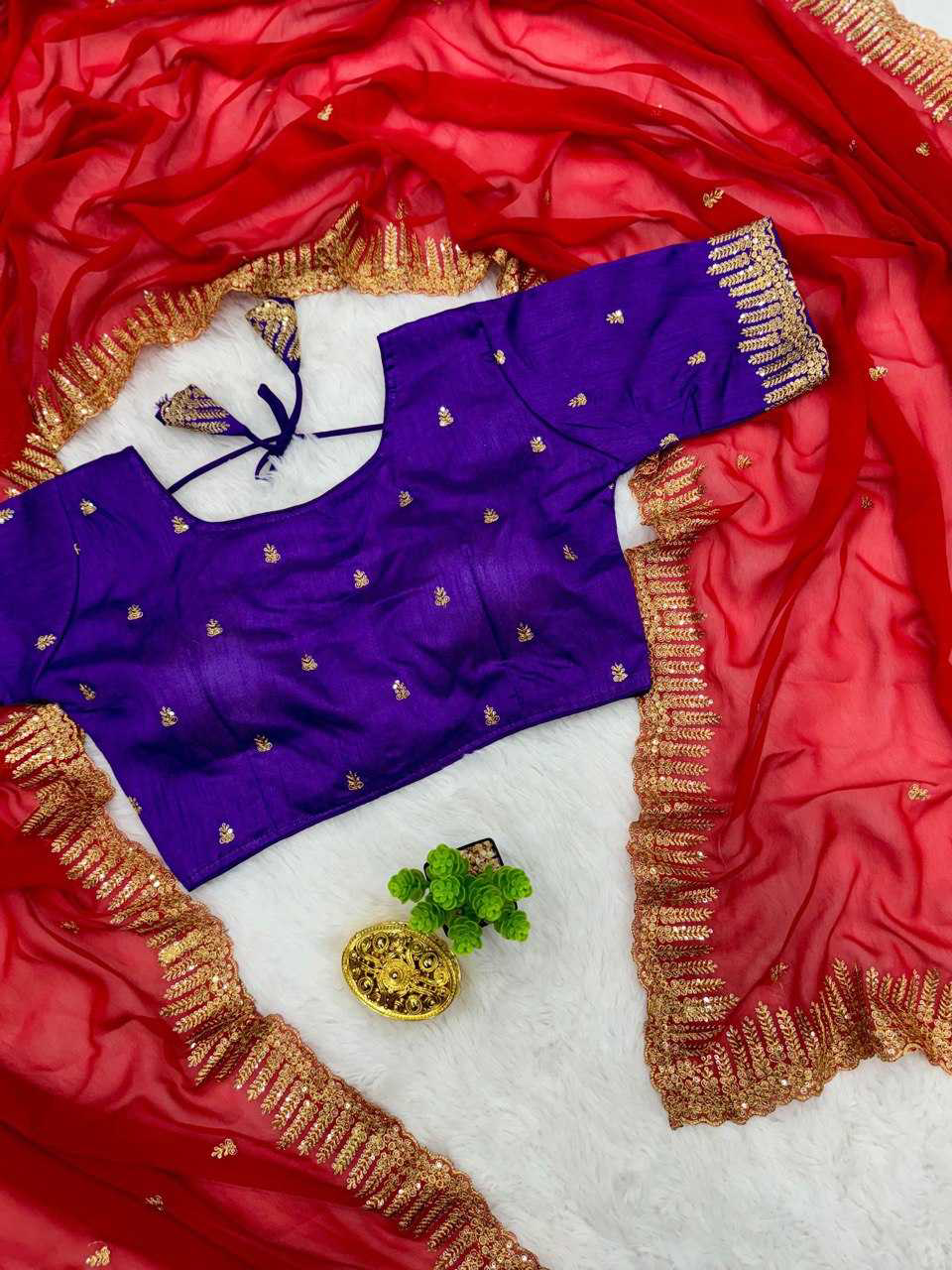 Scarlet Red Sequins Embroidered Silk Saree - Image 6