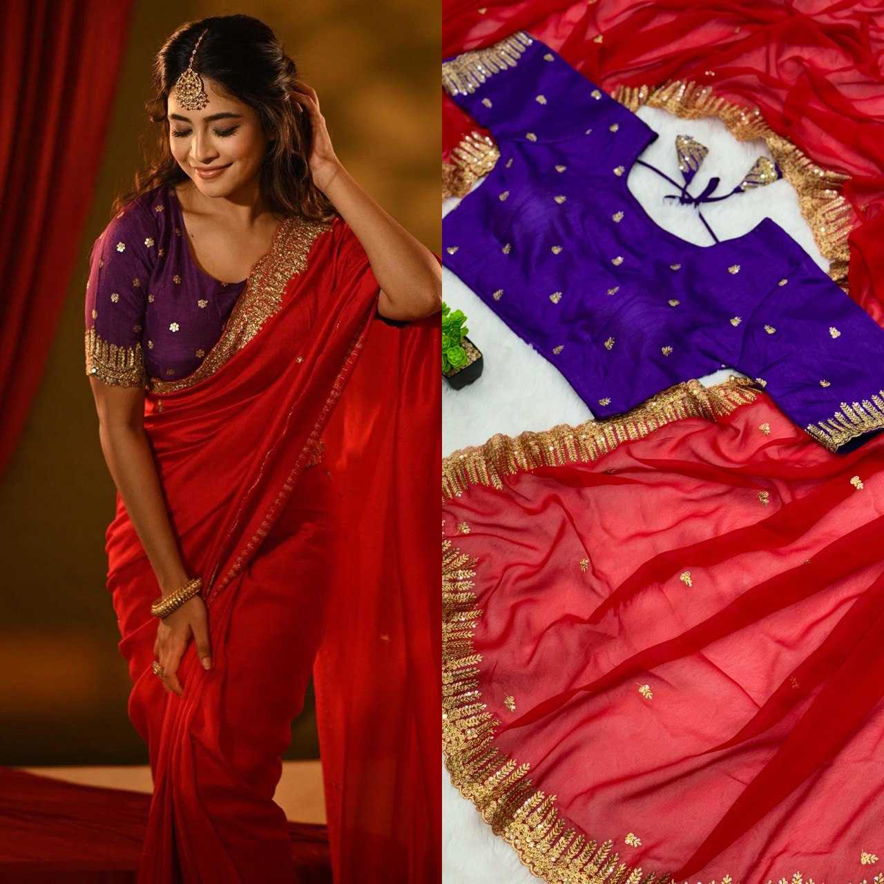 Scarlet Red Sequins Embroidered Silk Saree - Image 8
