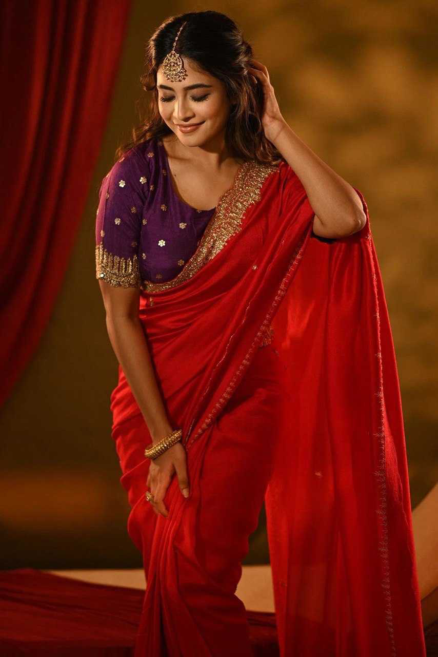 Scarlet Red Sequins Embroidered Silk Saree - Image 3