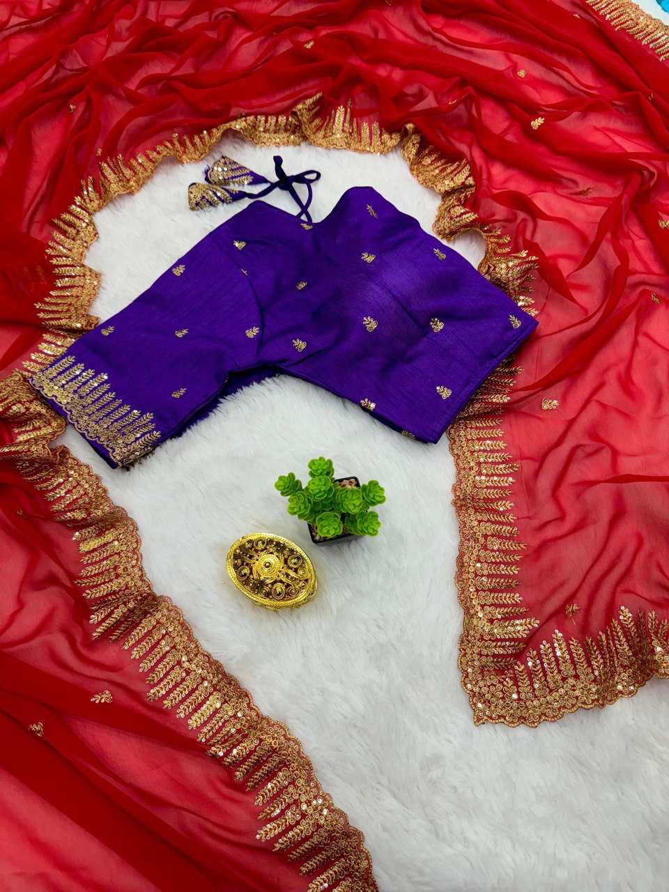 Scarlet Red Sequins Embroidered Silk Saree - Image 5