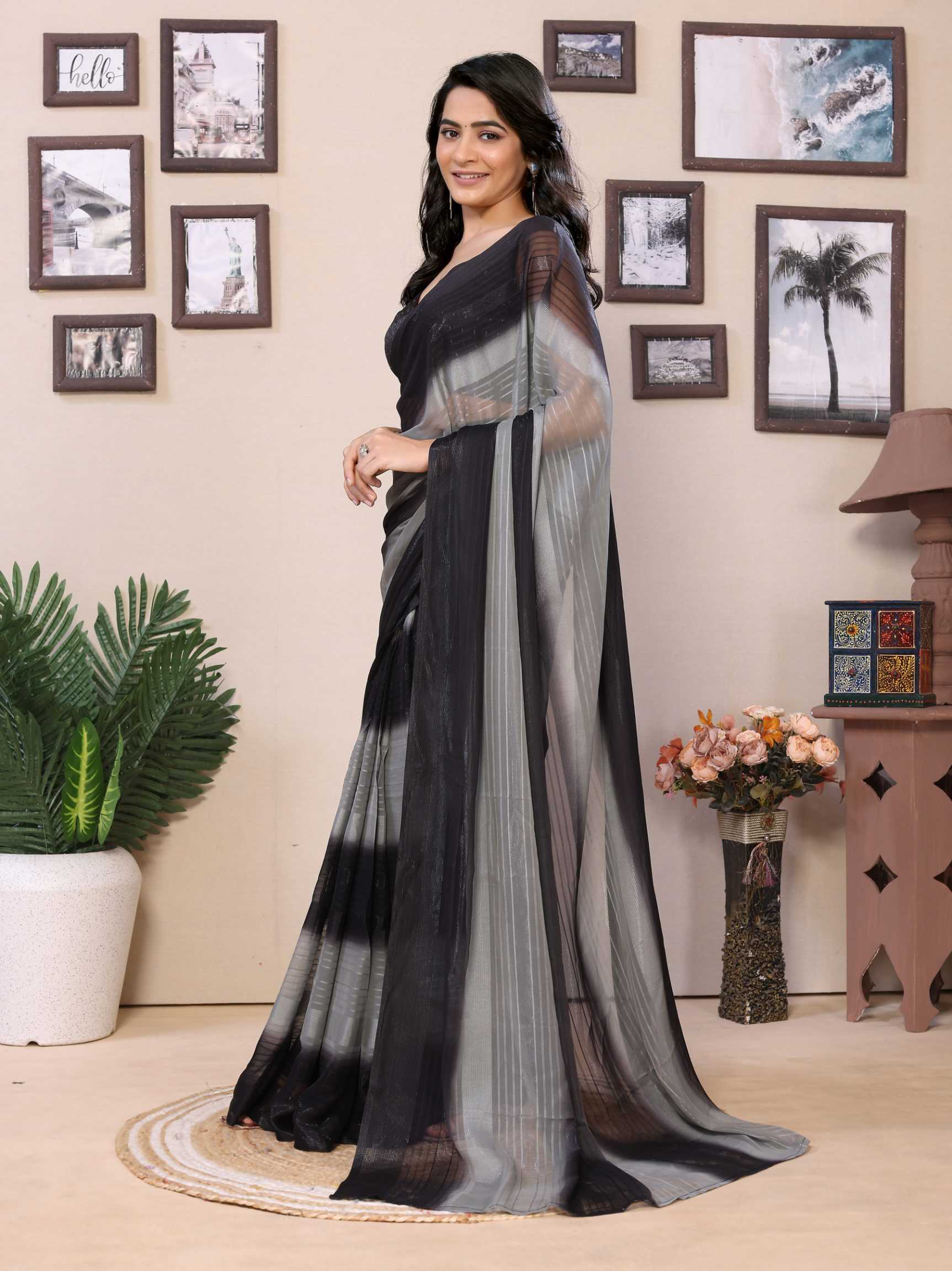 Ready to wear multi georgette saree with zari stripe work - Image 4