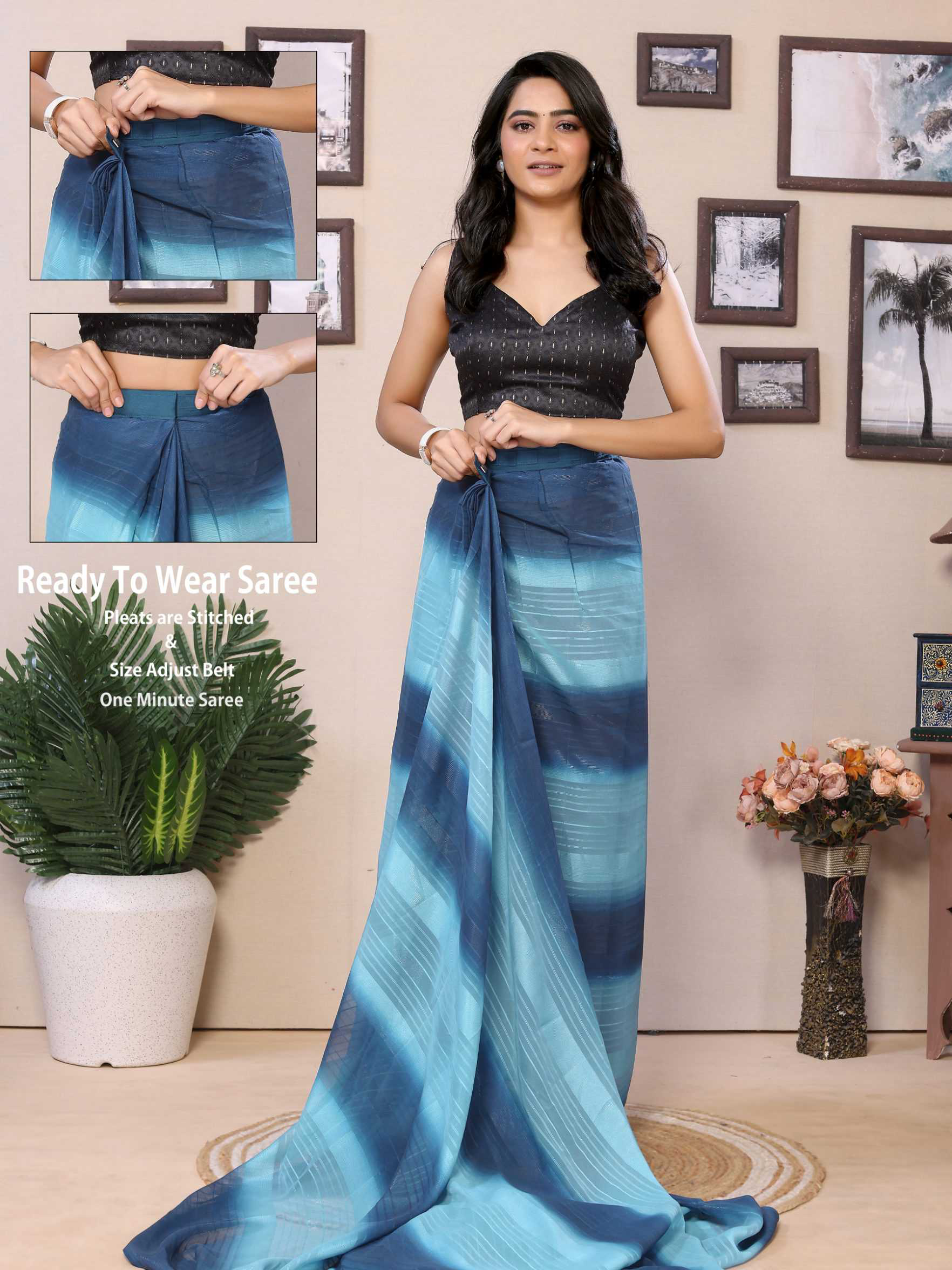 Ready to wear multi georgette saree with zari stripe work - Image 8