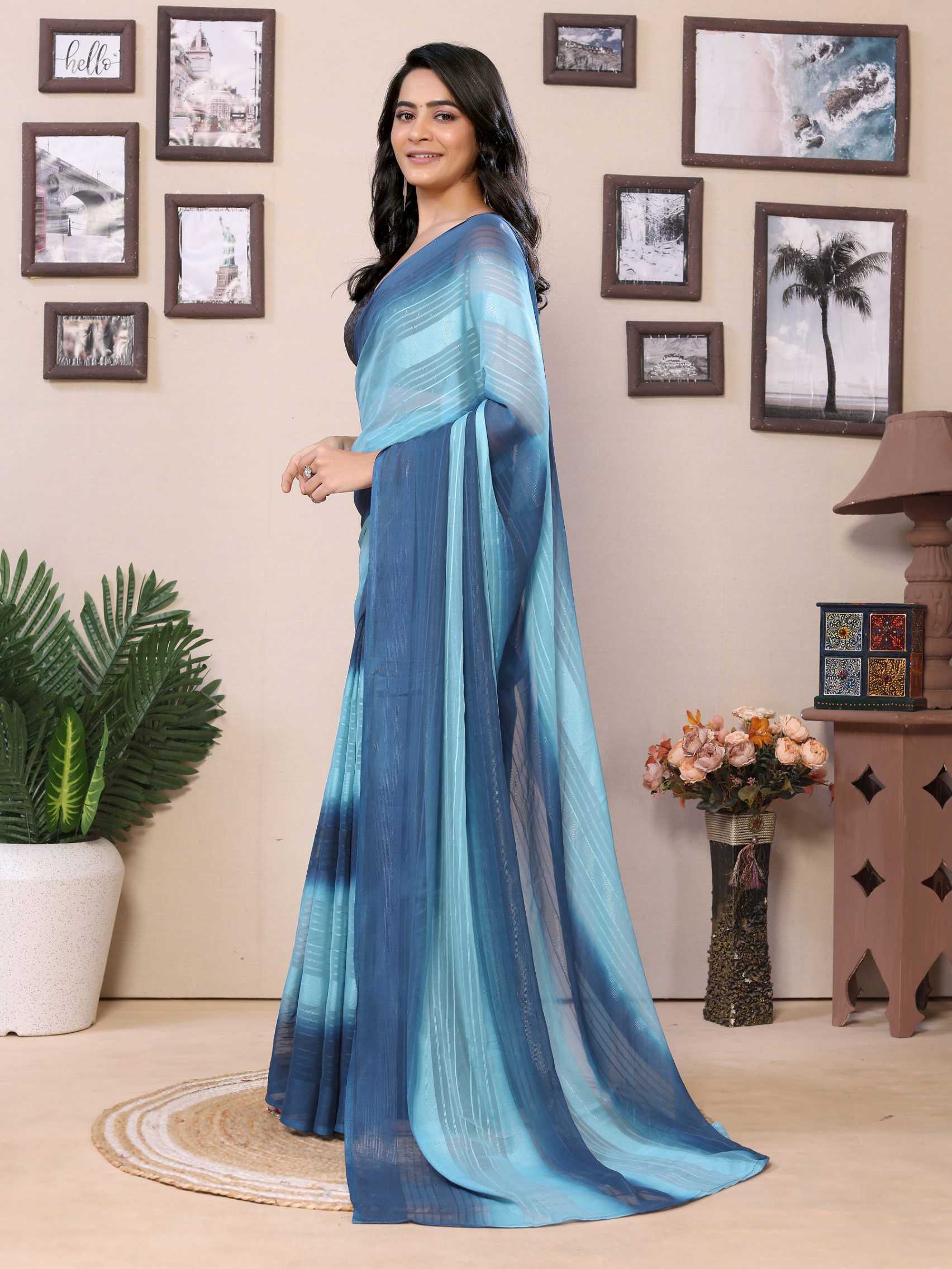 Ready to wear multi georgette saree with zari stripe work - Image 6