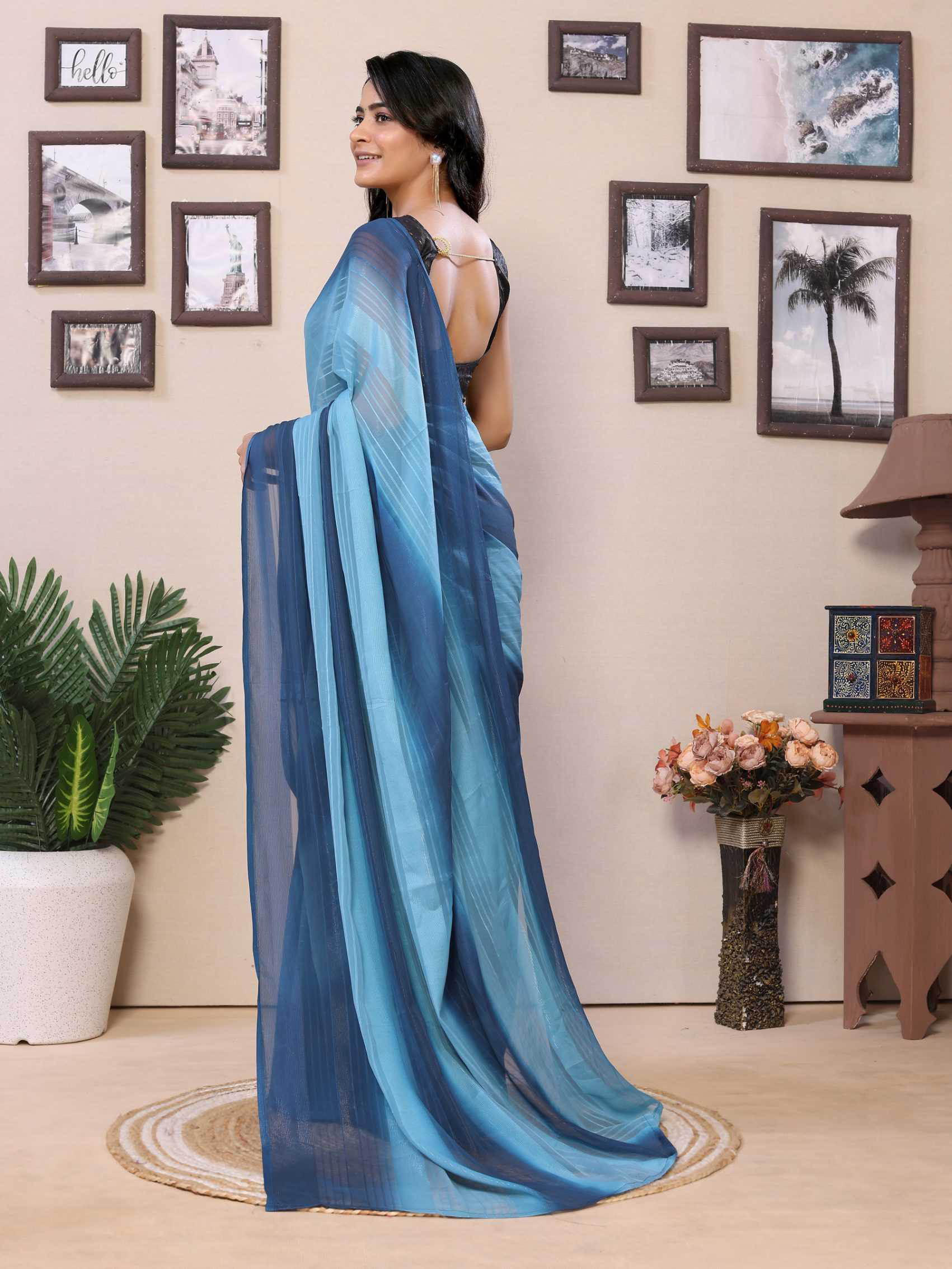 Ready to wear multi georgette saree with zari stripe work - Image 4