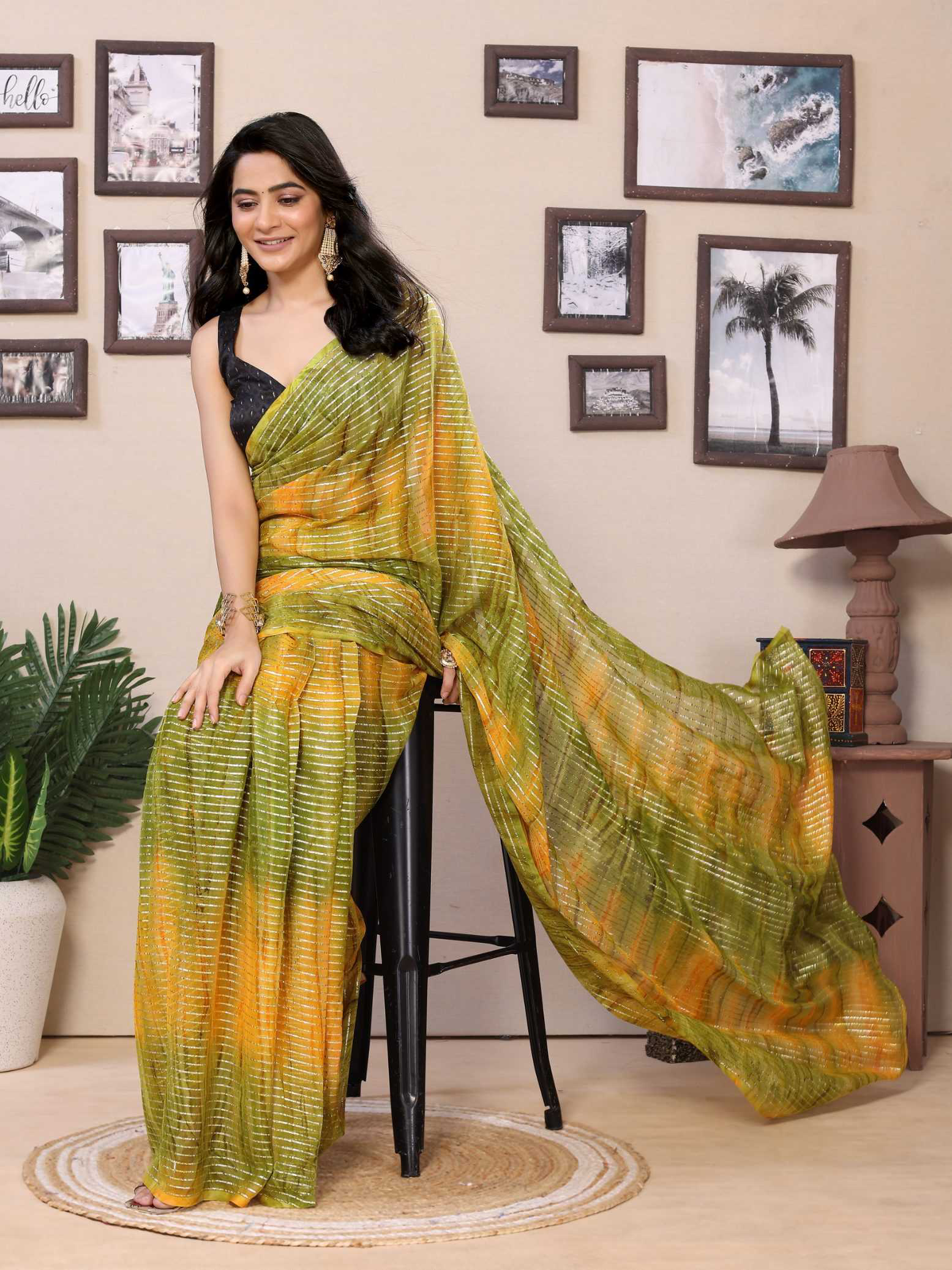 Ready To Wear Mehendi Fancy Gerogette Padding Saree With Blouse - Image 3