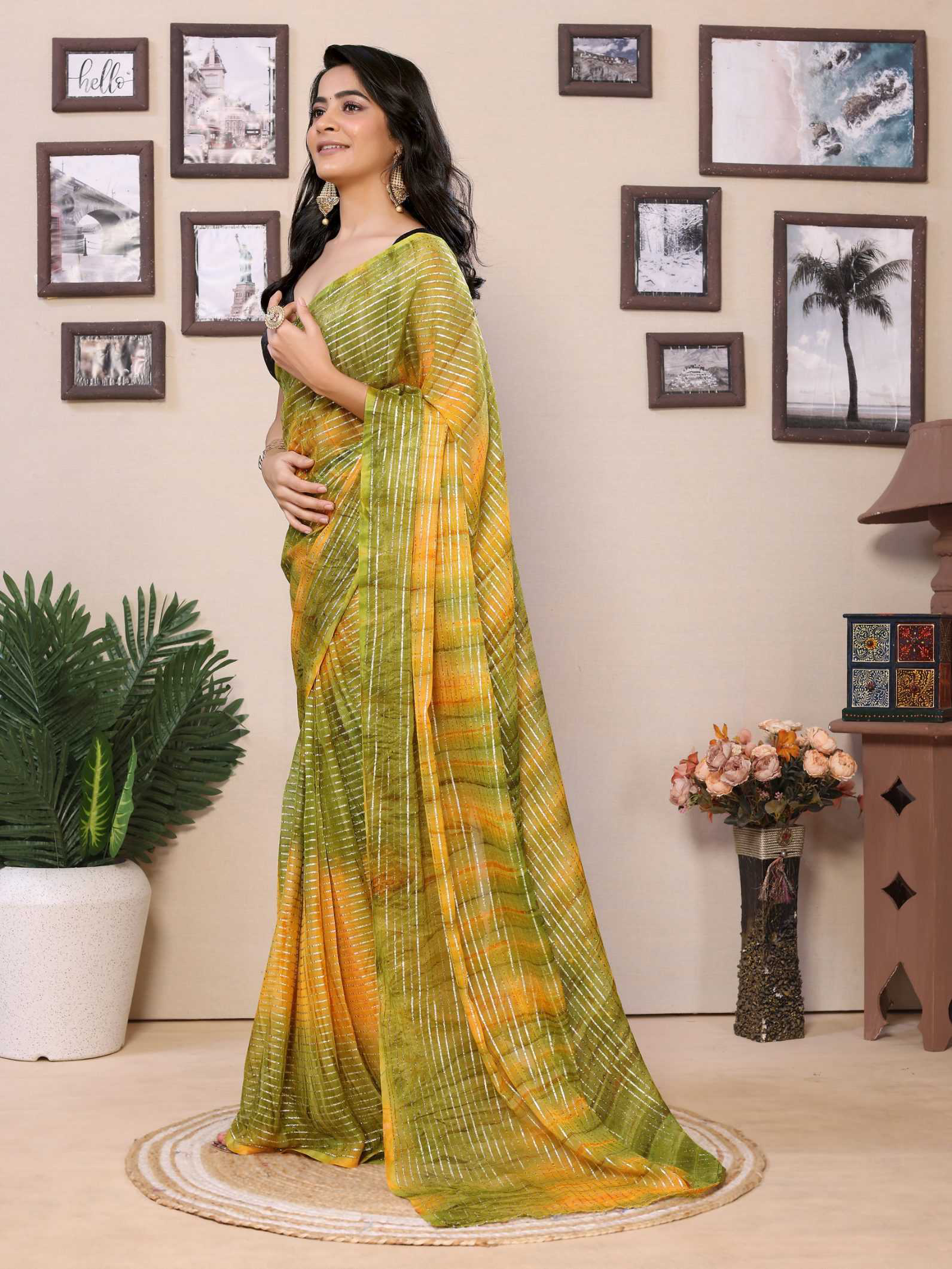 Ready To Wear Mehendi Fancy Gerogette Padding Saree With Blouse - Image 7