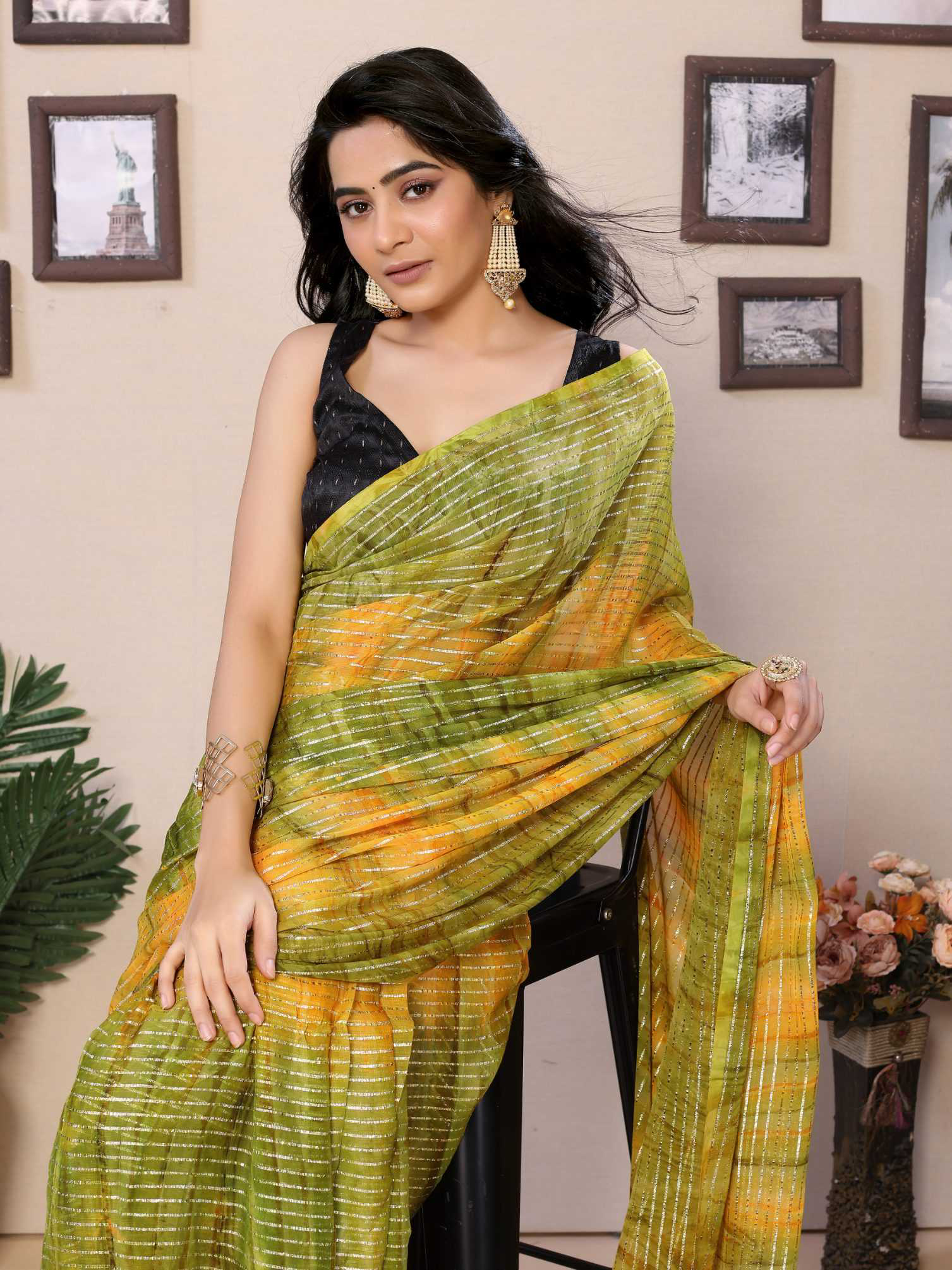 Ready To Wear Mehendi Fancy Gerogette Padding Saree With Blouse