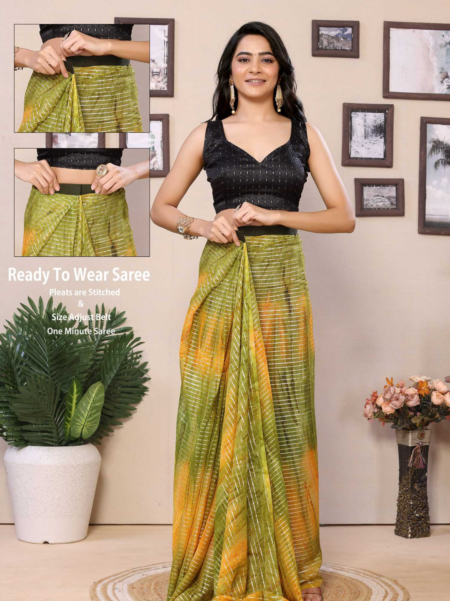 Ready To Wear Mehendi Fancy Gerogette Padding Saree With Blouse - Image 5