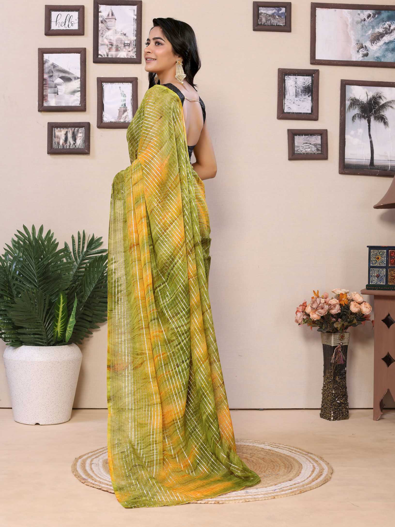 Ready To Wear Mehendi Fancy Gerogette Padding Saree With Blouse - Image 4