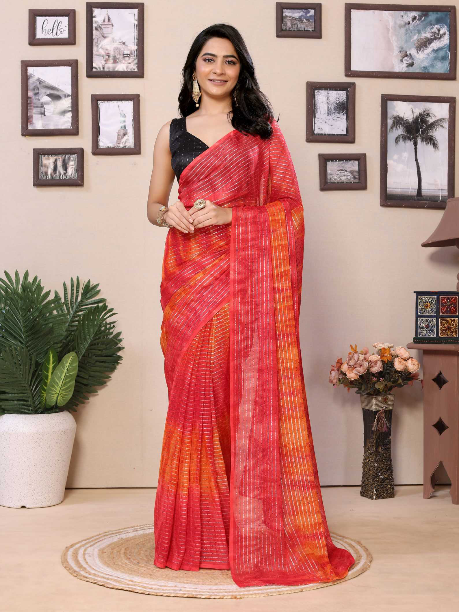 Red Georgette Ready To Wear Saree With Contrast Blouse