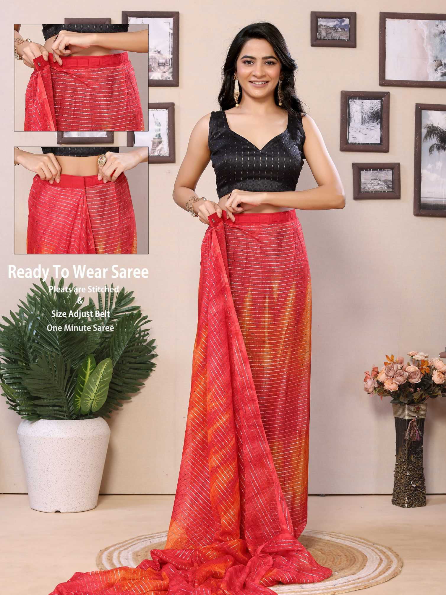 Red Georgette Ready To Wear Saree With Contrast Blouse - Image 2