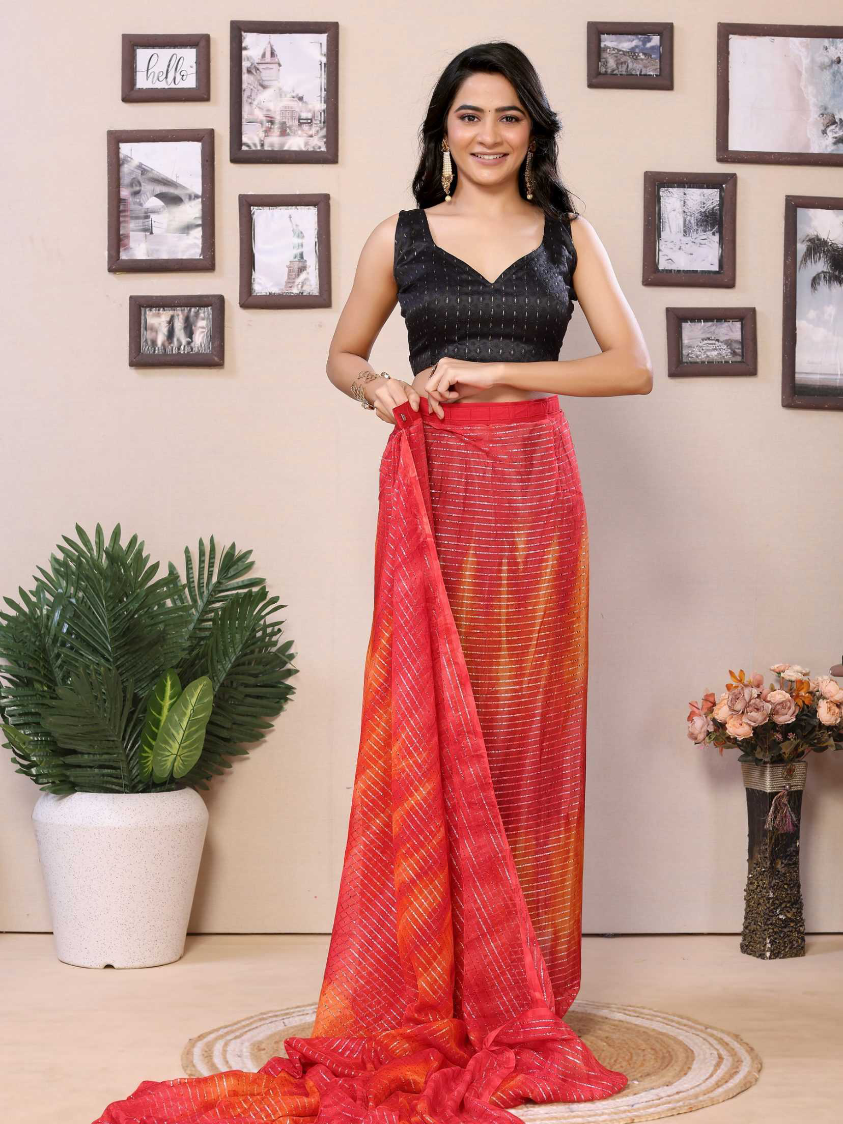 Red Georgette Ready To Wear Saree With Contrast Blouse - Image 7