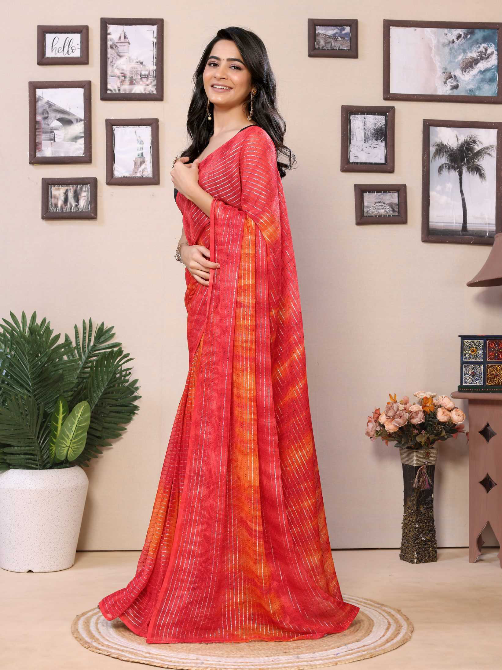 Red Georgette Ready To Wear Saree With Contrast Blouse - Image 6