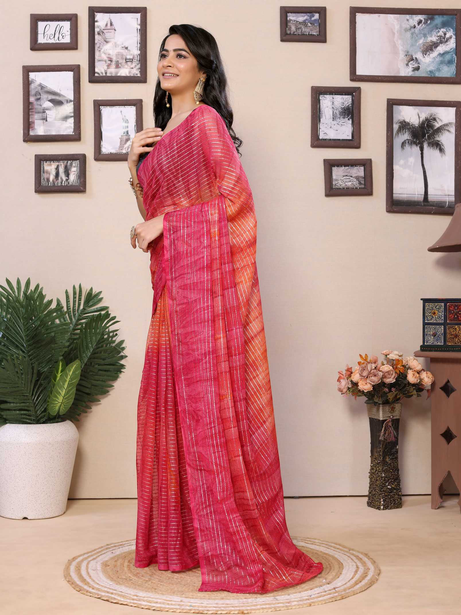 Pink Georgette Ready To Wear Saree With Contrast Blouse - Image 4