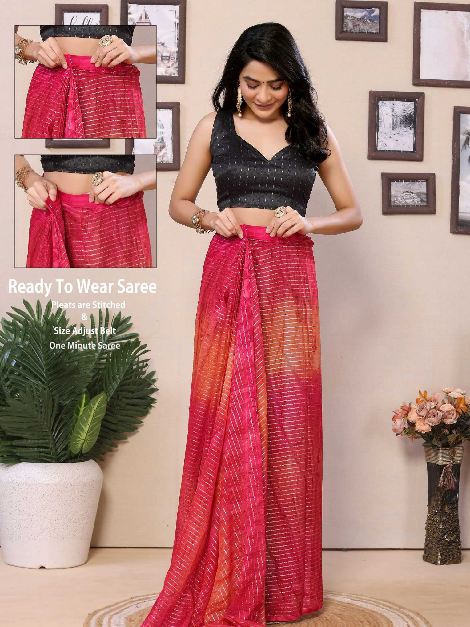 Pink Georgette Ready To Wear Saree With Contrast Blouse - Image 6
