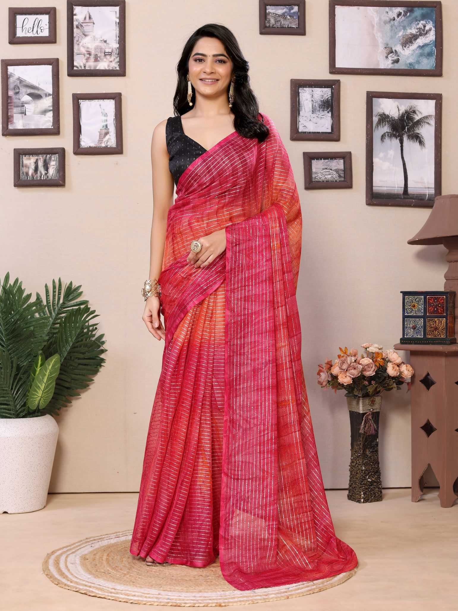 Pink Georgette Ready To Wear Saree With Contrast Blouse