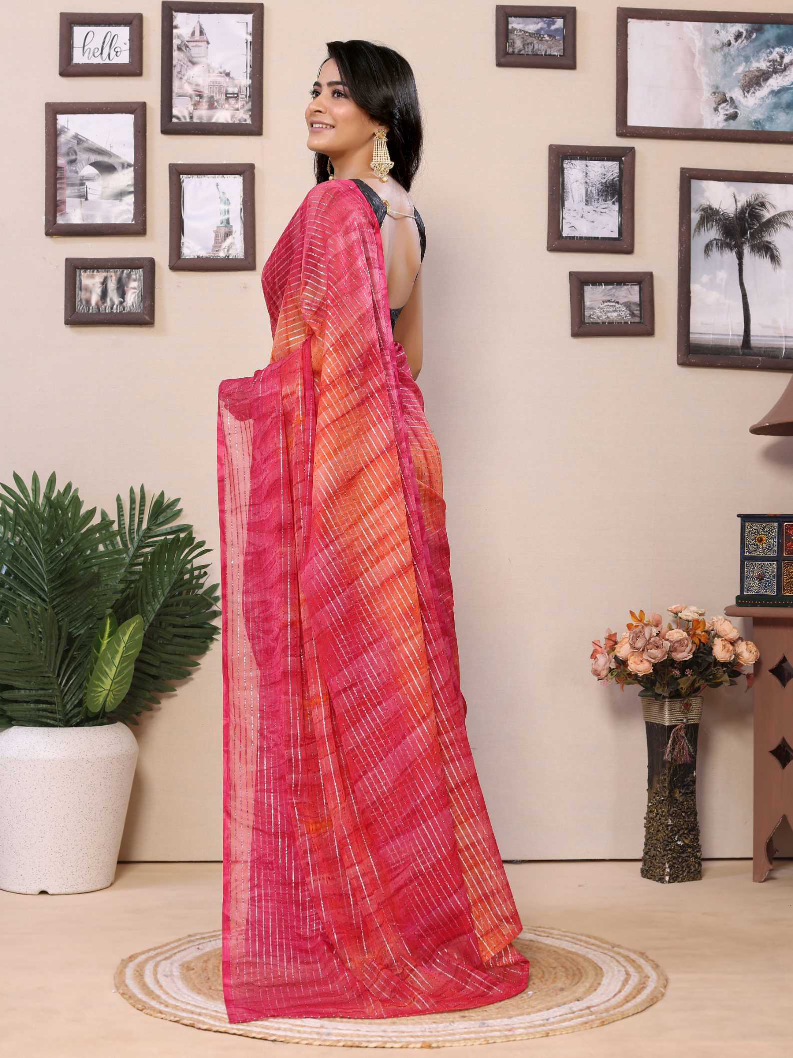 Pink Georgette Ready To Wear Saree With Contrast Blouse - Image 5