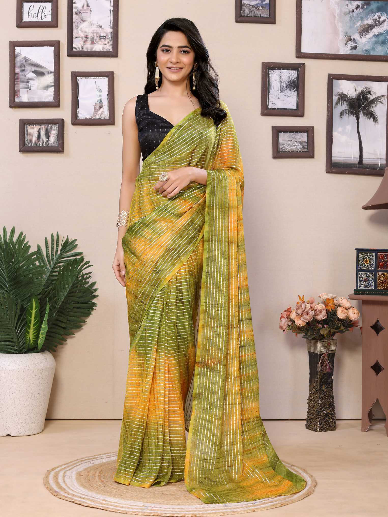 Green Georgette Ready To Wear Saree With Contrast Blouse - Image 7