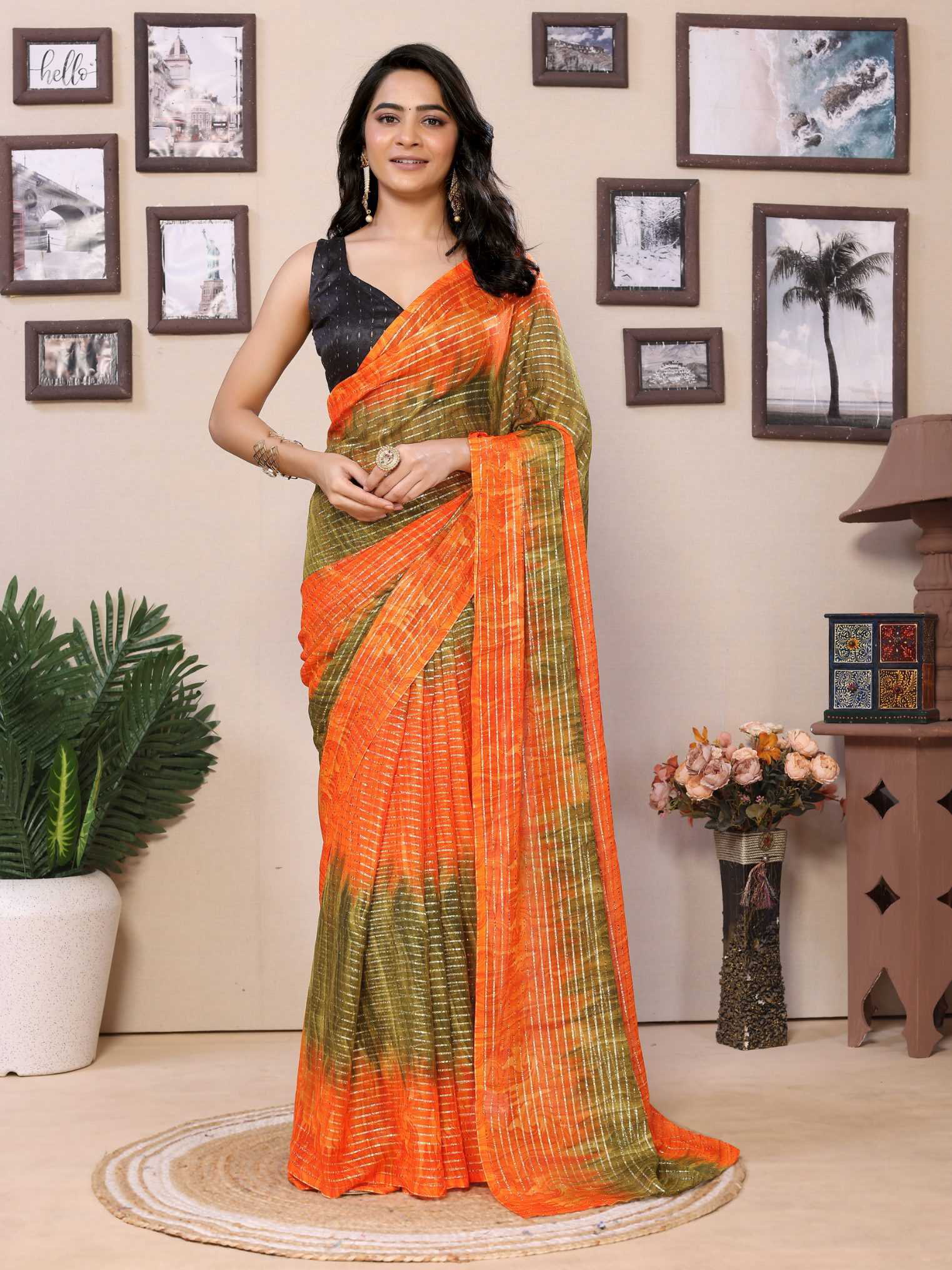 Orange Georgette Ready To Wear Saree With Contrast Blouse - Image 5