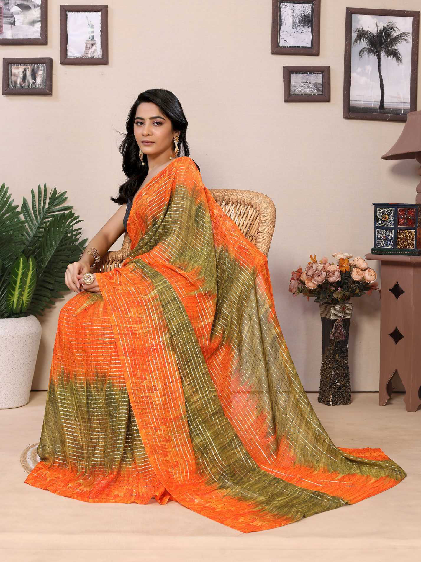 Orange Georgette Ready To Wear Saree With Contrast Blouse - Image 2