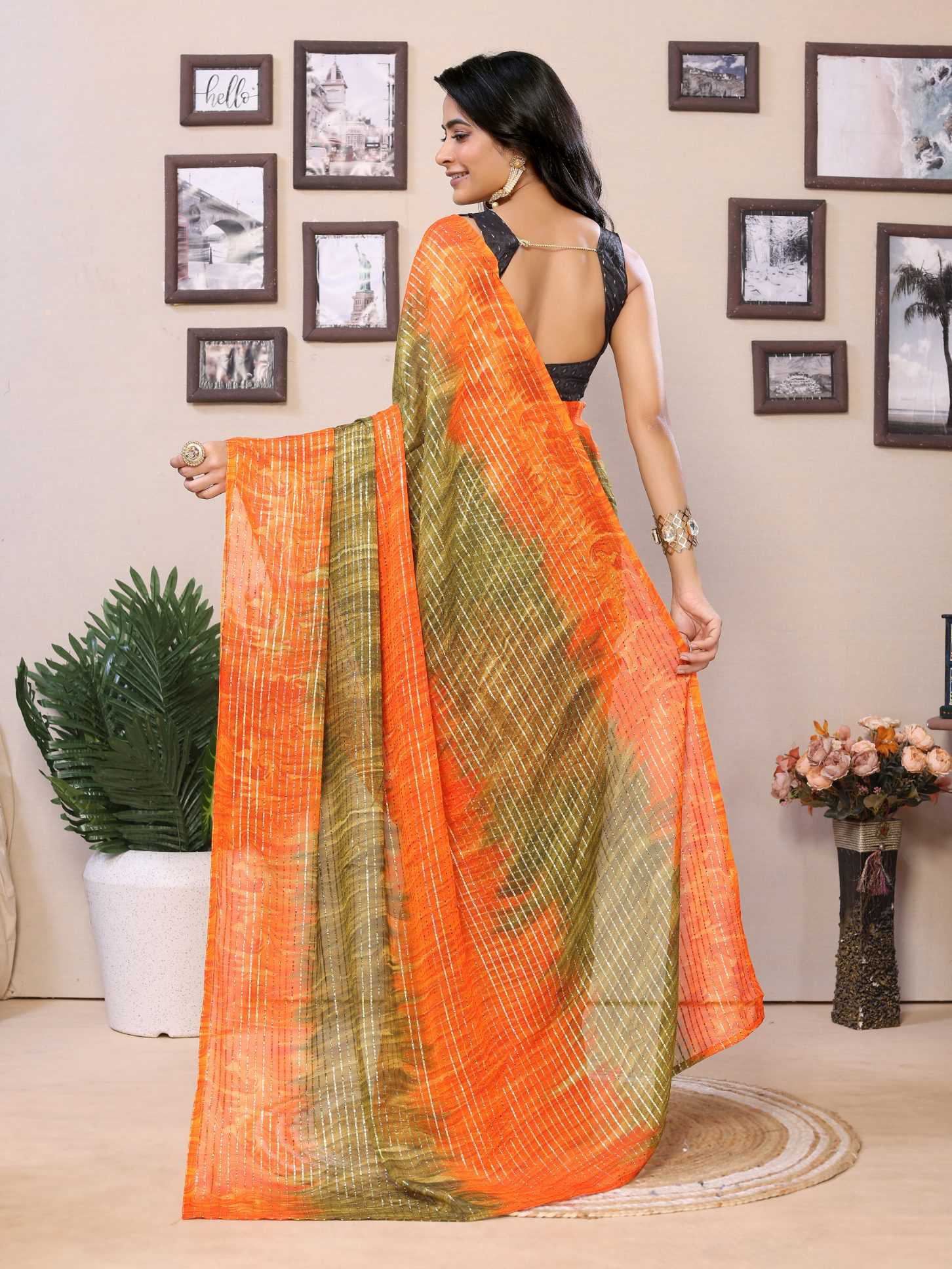 Orange Georgette Ready To Wear Saree With Contrast Blouse - Image 4