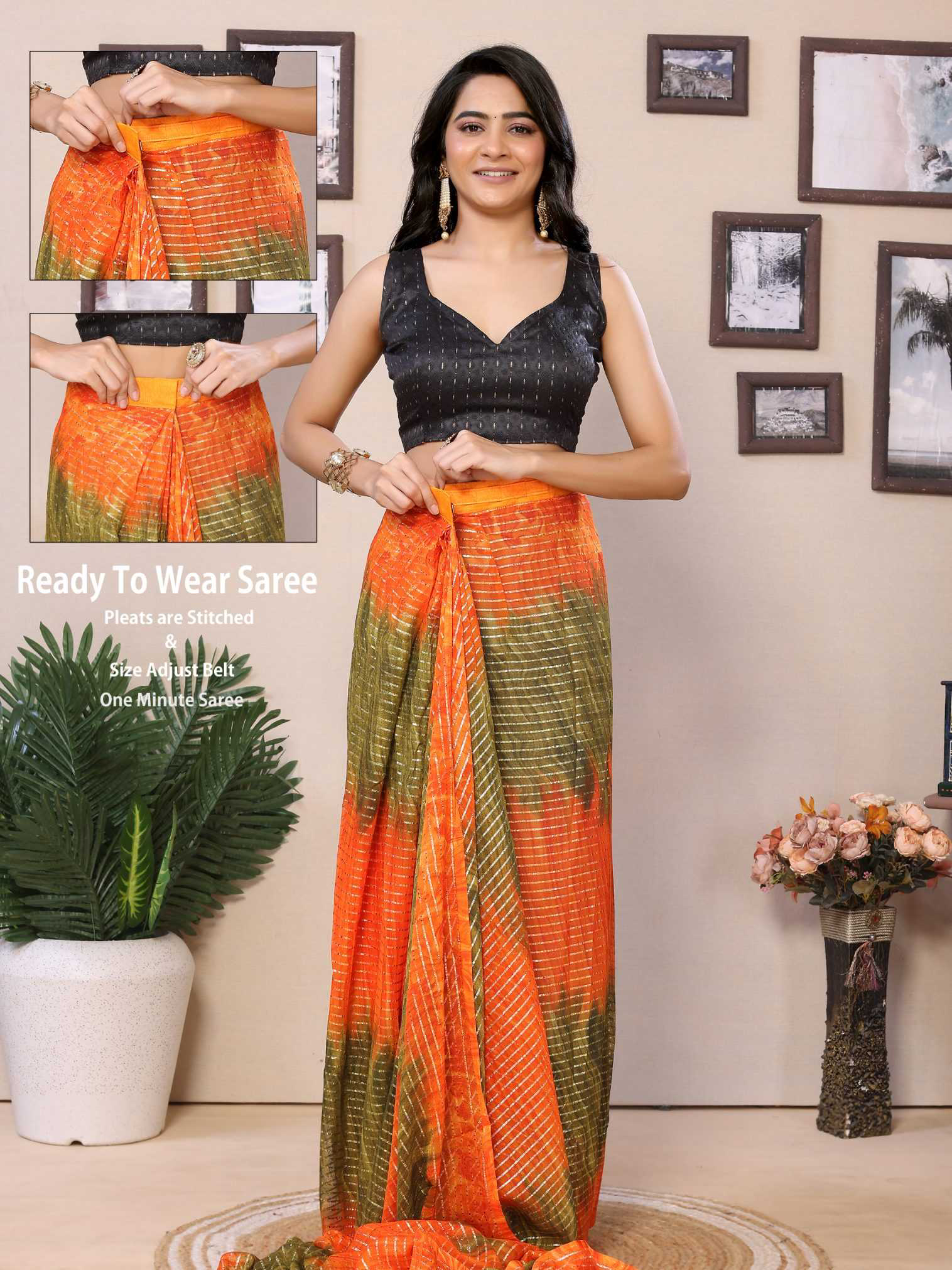 Orange Georgette Ready To Wear Saree With Contrast Blouse - Image 7