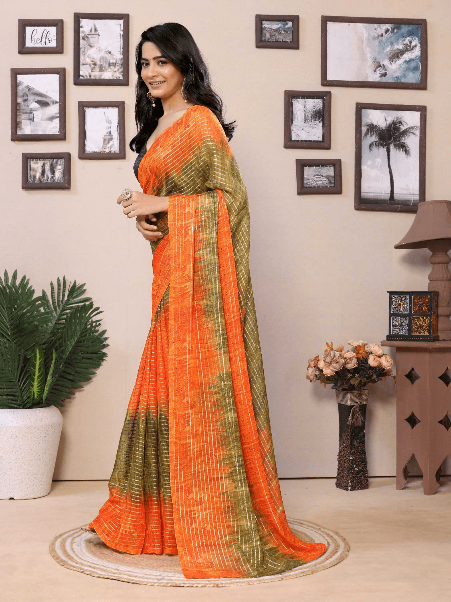 Orange Georgette Ready To Wear Saree With Contrast Blouse