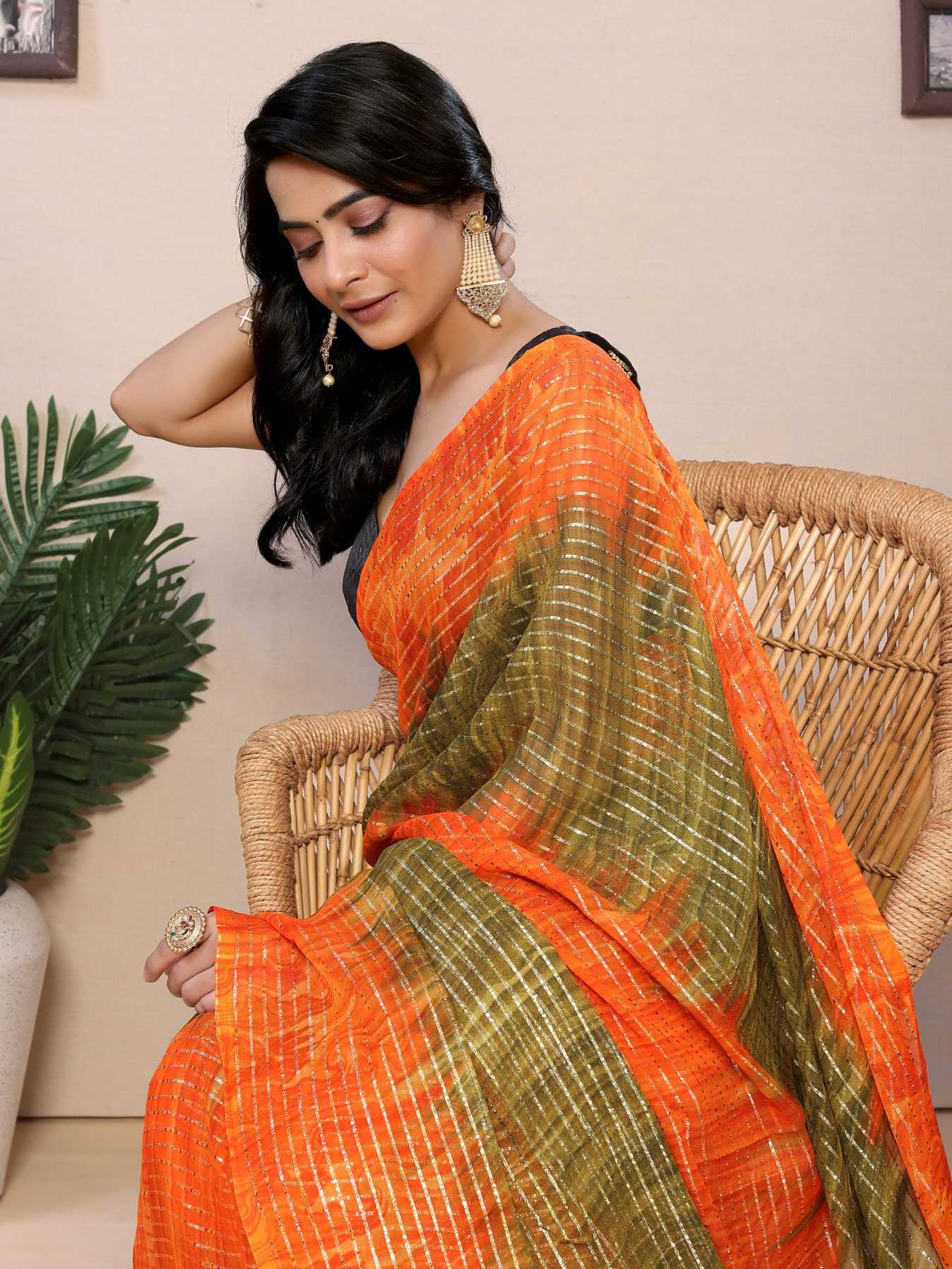 Orange Georgette Ready To Wear Saree With Contrast Blouse - Image 3