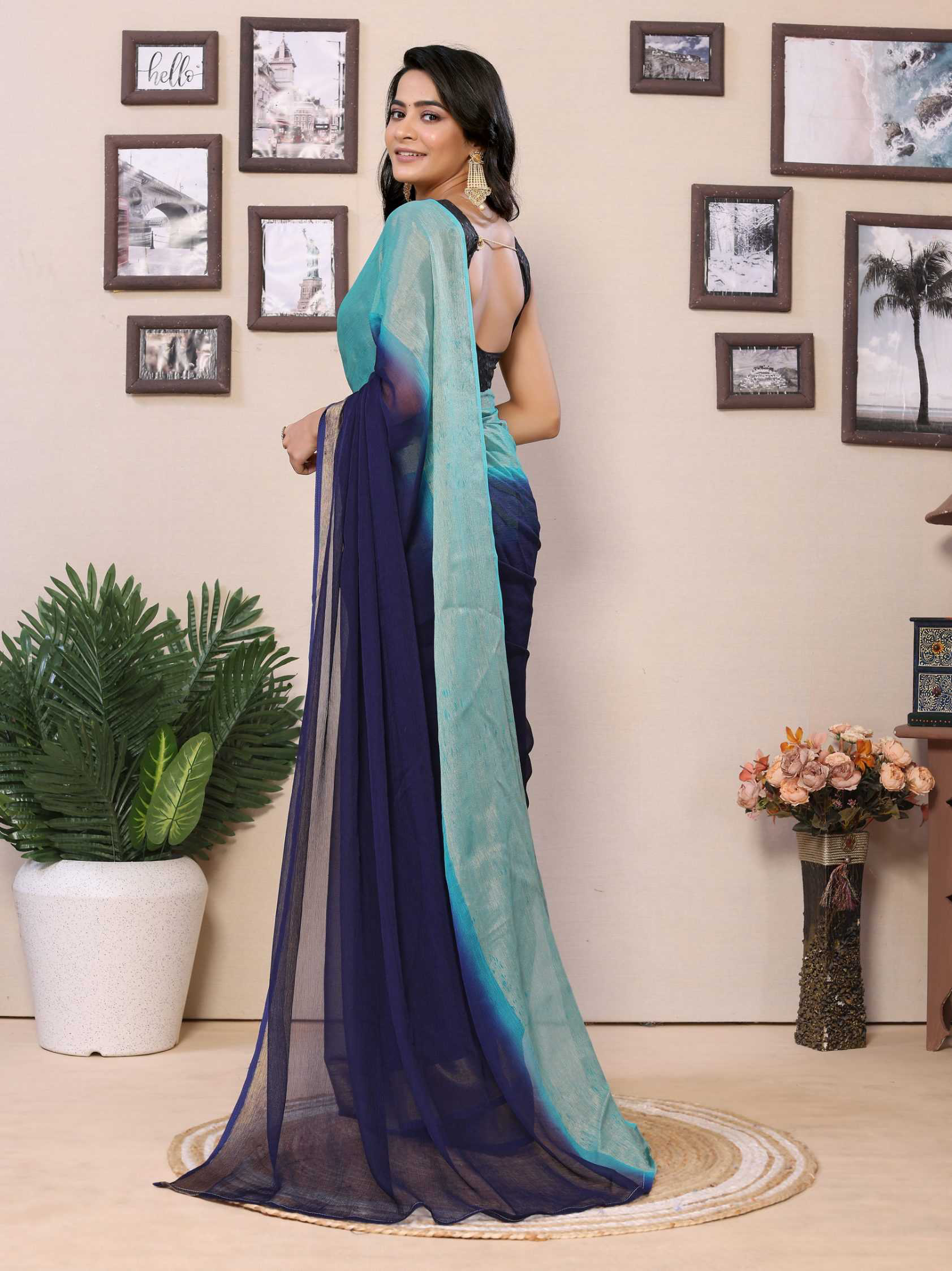 Ready to wear multi plain chiffon saree with woven stripe work - Image 4