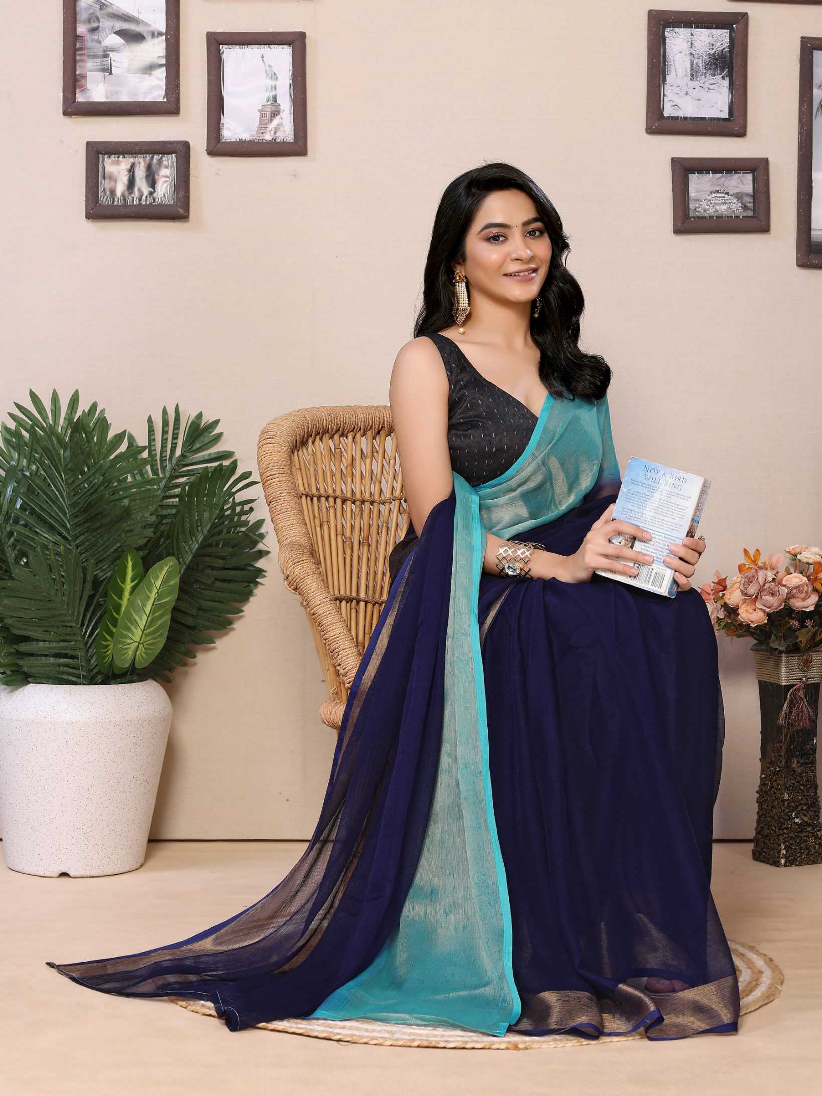 Ready to wear multi plain chiffon saree with woven stripe work - Image 3